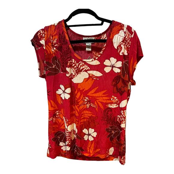 Chicos Travelers Red White Tropical Print Blouse Ruched Shoulders Size 1 (Medium - Picture 1 of 7